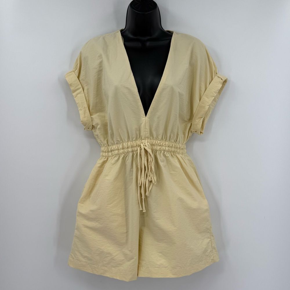 Zara Deep V Drawstring Waist Cuffed Sleeve Romper | Butter Yellow | Size XS